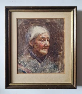 Antique Impressionist Watercolour Painting - Portrait of an Old Lady -Monogram - Picture 1 of 8