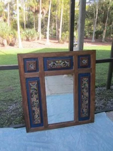 Wood Frame Wall Mirror Handmade Carved Painted Flowers Blue Brown - Picture 1 of 12