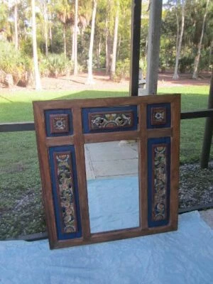 Wood Frame Wall Mirror Handmade Carved Painted Flowers Blue Brown - Image 1 of 4