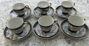 Vintage japanische Dragonware Moriage Demitasse Teetassen Geisha Litho Untertassen 6 Stück - Bild 1 von 7
