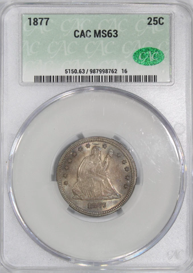 1877 Seated Liberty Quarter Dollar CAC MS63 | Free Shipping - Image 1 of 4