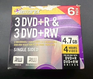 Memorex 4.7 GB 6 Pack 3 DVD+RW DVD+R Blank Storage Media Rewritable Discs SEALED - Afbeelding 1 van 6