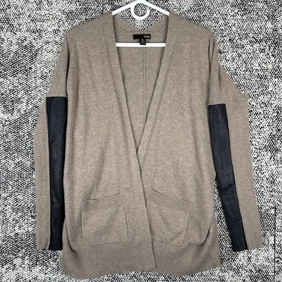 Cárdigan suéter Aqua Cashmere frente abierto para mujer XS ribete de cuero marrón acogedor Foto 1 de 4
