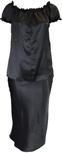 Dressy Plain Black Satin Matching Skirt Top Tailored 2 Piece Suit Ladies Plus - Picture 1 of 9