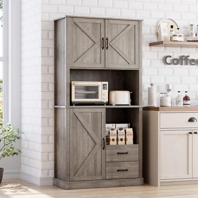 Freestanding Pantry Cabinet w/Microwave Shelf Kitchen Hutch Storage Cabinet Gray - Image 1 of 4