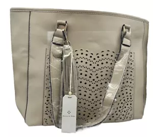 Ladies Shopper Bag Laser Cut Out Large Beige Taupe Faux Leather Shoulder - Picture 1 of 14
