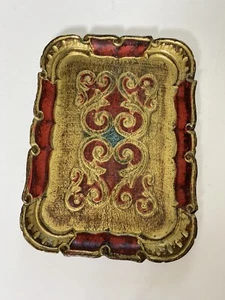 Vintage Florentiner Italien Toleware Holztablett, Gold, Hauch von Rot 10 x 7 1/2 Zoll - Bild 1 von 7
