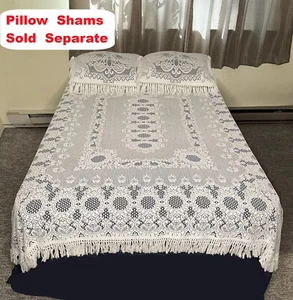 Classic Valencia Full Fringe Lace Coverlet 80" x 96 White Cotton Blend Bedspread - Picture 1 of 15