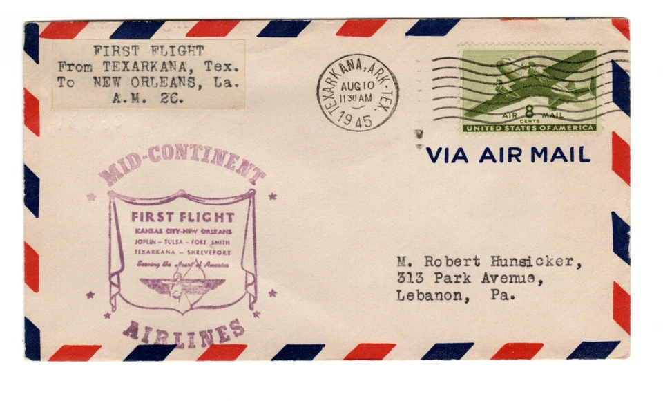 U.S. Air Mail First Flight Cover - Mid-Continent Airlines 10 August 1945 - Image 1 of 1