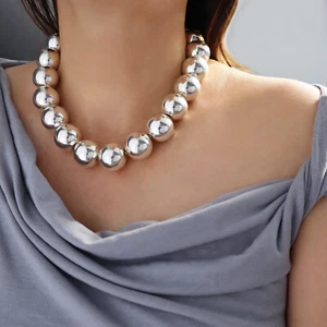 Chunky Ball Bead Necklace Sterling 925 Silver Over-sized Beads Womens Necklet - Picture 1 of 6