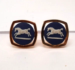 Vintage Swank Gold Cufflinks White Horse ON Blue Background - Picture 1 of 5