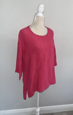 IC Connie K Asymmetric Tunic Top Hot Pink Silk Linen Textured Gauze Lagenlook L - Image 1 of 4