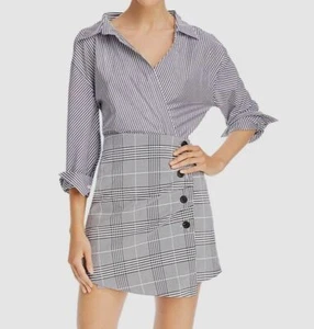 $195 Aqua Womens Black White Gray Long-Sleeve Mini Sheath Striped Shirt Dress S - Picture 1 of 3