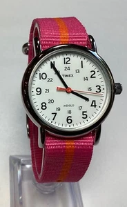 Timex Indiglo Watch Easy Reader 31mm Silver Pink Orange Nylon WR 30M New Battery - Picture 1 of 8