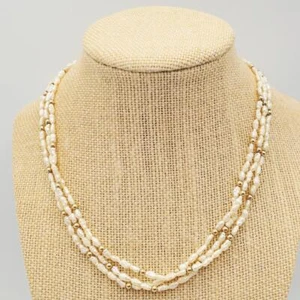 3 Strand Bright White Freshwater Pearl & 14k Beads Necklace 16” - Picture 1 of 6
