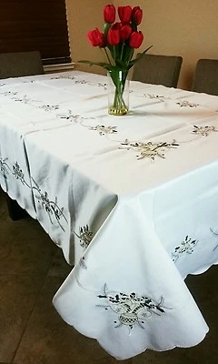72x90" Embroidery Cutwork Christmas Embroidered Tablecloth Napkins Elegantlinen - Image 1 of 4