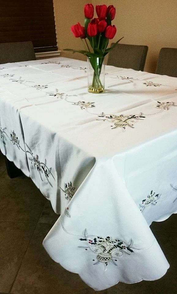 54x72" Embroidery Cutwork Christmas Embroidered Tablecloth Napkins Elegantlinen - Image 1 of 4
