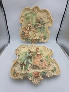 Vintage Kreidegeschirr Gips Kunst Wandbehang umwerbendes Paar 3D Skulptur viktorianisch 1950er - Bild 1 von 14
