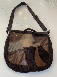 Vintage 80s Brown Corduroy Leather Patchwork Bohemian Purse Satchel Bag - Picture 1 of 16