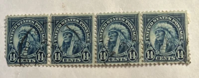 1922-1925 US American Indian 14 Cent Used Blue Stamps-Strip of 4 - Image 1 of 2