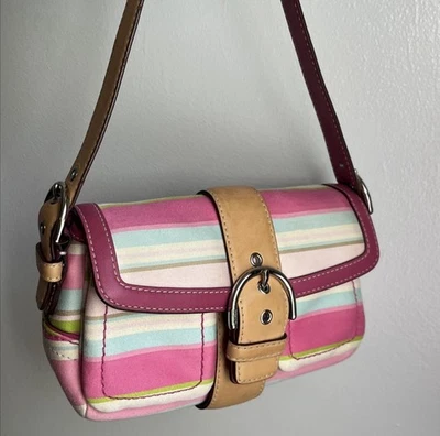 Coach Soho Stripe Buckle Shoulder Bag Pink Green Canvas Leather Y2K 2000s 1887 - Image 1 of 4