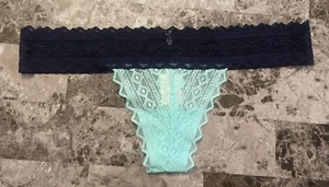 VICTORIA'S SECRET PINK L AQUA NAVY BLUE GEOMETRIC GEO LACE RARE THONG PANTIES - Picture 1 of 3