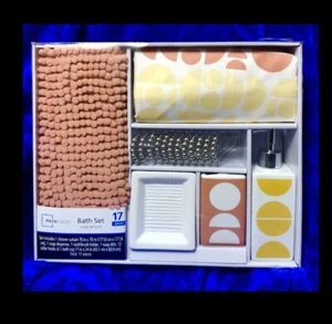 17-PC Bathroom Set:Shower Curtain,Rug,Soap Dispenser,s’dish,T-brush Holder,Hooks - Picture 1 of 9
