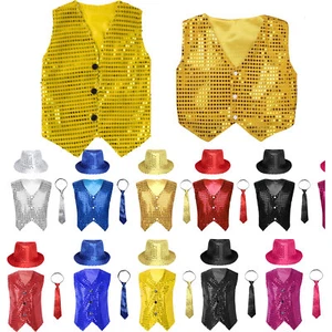 Kids Sequin Waistcoat Fancy Jacket Vest Hip-hop Jazz Dance Performance With Hat - Picture 1 of 77