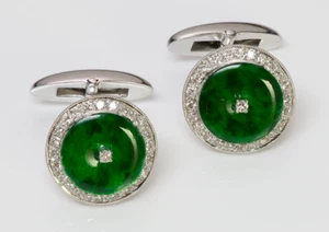 Deep Green Round Shape Jade With Old Mine Cut CZ Classic Vintage Men's Cufflinks - Picture 1 of 4