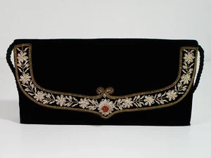 Vintage 1960's Razia Zardozi Black Velvet Evening Clutch Purse Hand-Embroidered - Picture 1 of 9