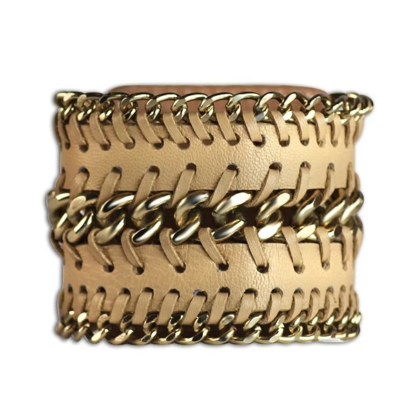 Brazalete ancho de moda con cierre a presión de cadena dorado de cuero beige Bandido Foto 1 de 1