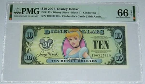 2007 $10 Disney Dollar Cinderella PMG 66 EPQ Disney Store Block T 20th Anniv. - Picture 1 of 2