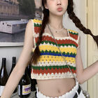 Summer Hollow Embroidery Tank Top Women Sleeveless Colored Stripes Knit Cami _cn
