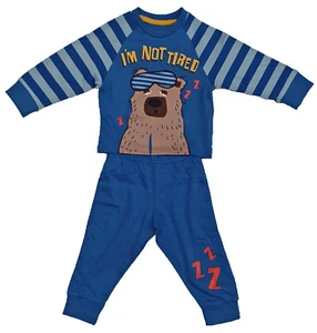 Boys Bedtime Pyjamas Set T-Shirts Trousers Bottoms Blue Bear Nightwear - Picture 1 of 4