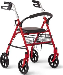 Rollator Folding Rolling Walker Padded Seat Adjustable Arms Storage Basket Red - Picture 1 of 7
