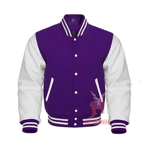 Varsity Letterman Baseball Purple Wool Genuine White Leather Sleeves - Picture 1 of 6