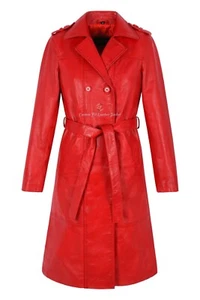 Woman's Elegant Trench Coat Real Lambskin Leather Knee Length 3/4Tie Belt Jacket - Picture 1 of 5