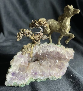 Vintage Richard Bell Smith Bronze Pferd & Bonsai Baum mit Amethyst Quarz Sockel - Bild 1 von 3