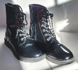 Girl's Patent Leather Combat Boots Black w/ Glitter By ID Required Size 4M Zips - Picture 1 of 10