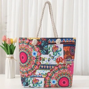 Boho Geometric Tile Print Ethnic Large Canvas Shoulder Bag Tote - Picture 1 of 10