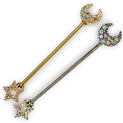 Barra Industrial 14g Plata Oro IP Aurora Boreal Brillante Circonita Estrella Media Luna H Foto 1 de 2