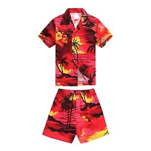 Boy Toddler Aloha Shirt Set Shorts Beach Hawaii Cruise Luau Cotton Red Sunset