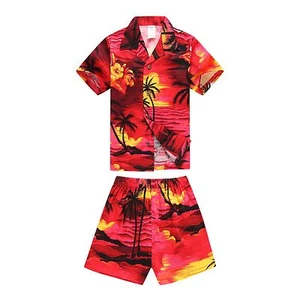 Boy Toddler Aloha Shirt Set Shorts Beach Hawaii Cruise Luau Cotton Red Sunset - Picture 1 of 8