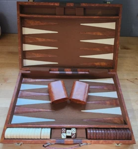 Backgammon Brown White Marbled Leatherette Vintage 18 X 11 Large Set Complete - Picture 1 of 21