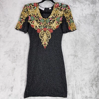 Vintage 1980s Scala Silk Beaded Dress Womens Size M Sheath Sequin Retro Cocktail - Image 1 of 4