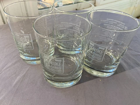 4 Vintage 1992 Penske Racing Indy Bourbon Rocks Bar Glasses EUC 4 1/8" Cover