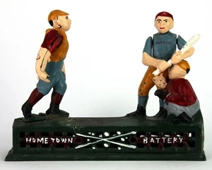 Vintage Reproduktion Gusseisen Heimatstadt Batterie Baseball mechanische Bank - Bild 1 von 5