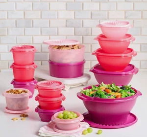 Tupperware Servierschüsseln 30 tlg Set Schüsseln Kanister Dichtungen Rosatöne Neu Verpackt - Bild 1 von 9
