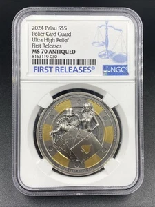 2024-S Palau Poker Card Guard Antiqued Gilded 1Oz. $5 Silver NGC MS70 Antiqued - Picture 1 of 5