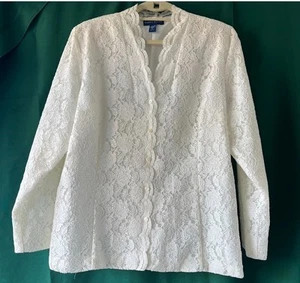 Vintage Karen Scott White/Ivory Lace Scallop Front Button Down Jacket Women's L - Picture 1 of 6